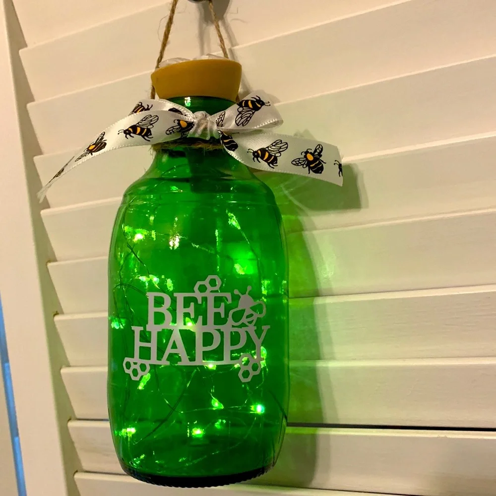 Hand Crafted- ‘Bee Happy’ Green Barrel Lantern